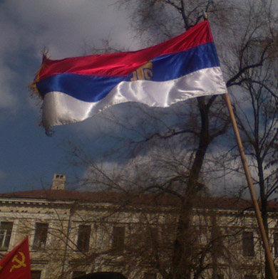 Сербский флаг на митинге 22 марта